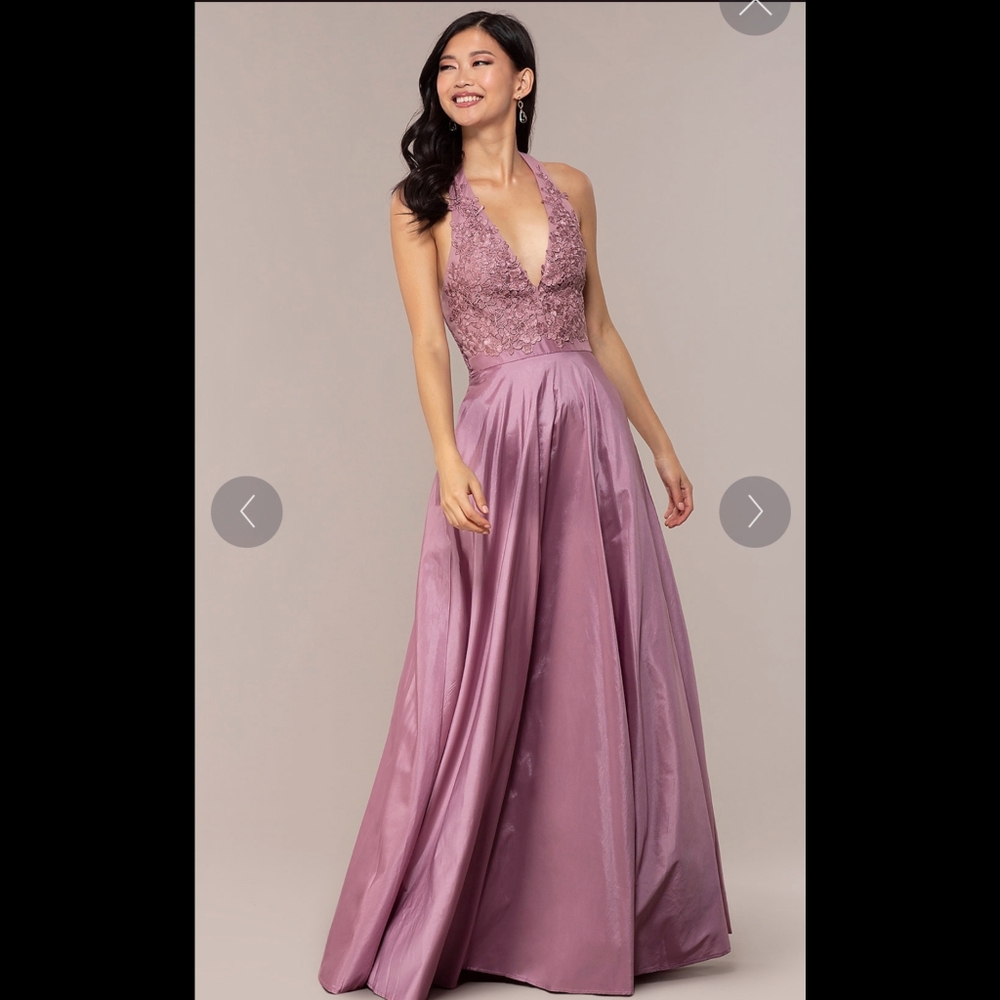 PromGirl Long Vneck Halter Formal Medium Mauve